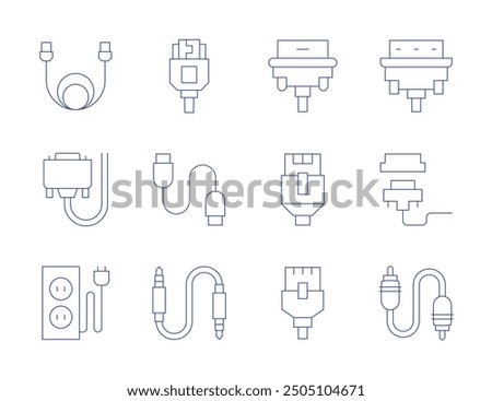 Cable icons. Thin Line style, editable stroke. extension cable, network cable, cable, vga, hdmi, jack, lan.