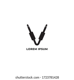 Cable jack logo concept. Audio logo design template. Letter V uppercase Alphabet vector illustration. Isolated, Audio equipment, sound system, instrument. Black and White
