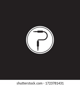 Cable jack logo concept forming Letter P Alphabet with ellipse shape behind. Audio logo design template. Isolated, Audio equipment, sound system, instrument. Black and White