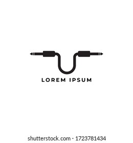 Cable jack logo concept forming Letter U Alphabet with ellipse shape behind. Audio logo design template. Isolated, Audio equipment, sound system, instrument. Black and White