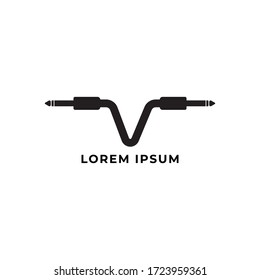 Cable jack logo concept forming Letter V Alphabet with ellipse shape behind. Audio logo design template. Isolated, Audio equipment, sound system, instrument. Black and White