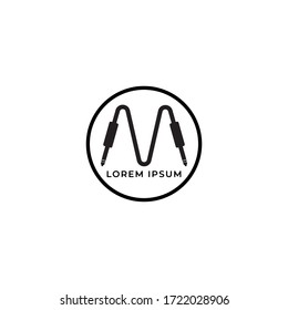 Cable jack logo concept. Letter M Alphabet vector illustration. Audio logo design template. Isolated, Audio equipment, sound system, instrument. Black and White