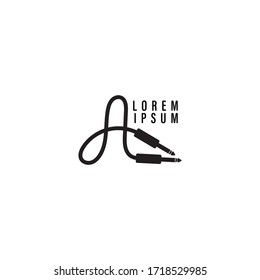 Cable Jack logo illustration like letter A lowercase. Audio equipment logo design template, sound system, instrument. Black and White