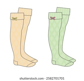 Cable knit bow tie socks for women technical illustration vector mockup template.