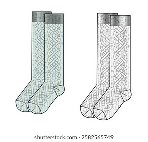 Cable knit knee high socks technical flat sketch vector mockup template.