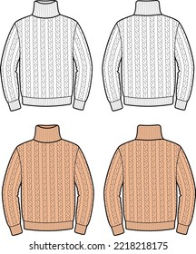 Cable knit sweater flat sketch. Knitted jumper apparel design. Front back. Men CAD mockup. Fashion technical drawing template.. Vector illustration.