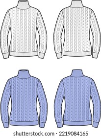 Cable knit sweater flat sketch. Knitted jumper apparel design. Front and back. Knitwear CAD mockup. Technical drawing template. Vector illustration.