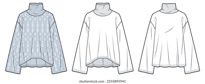 Cable Knit Sweater technical fashion illustration. Roll Neck Sweater fashion flat technical drawing template, wide sleeves, oversize, front and back view, white, blue, women, men, unisex CAD mockup.