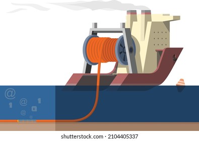 Cable Laying Vessel Designed To Lay Underwater Cables, Fiber Optics. Vector Illustration