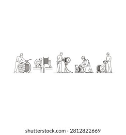 Cable laying workers illustration linear style on white background