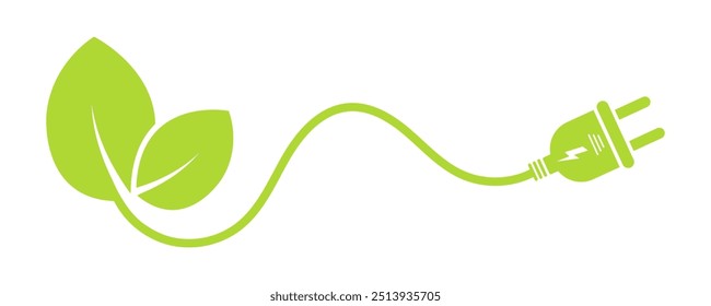 Cable and leaf vector icon. Electric cable with green leaf. Save ecology.