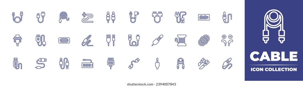 Cable line icon collection. Editable stroke. Vector illustration. Containing wire, usb port, audio jack, connectors, usb, power, vga, cable, adapter, power generation, jack connector