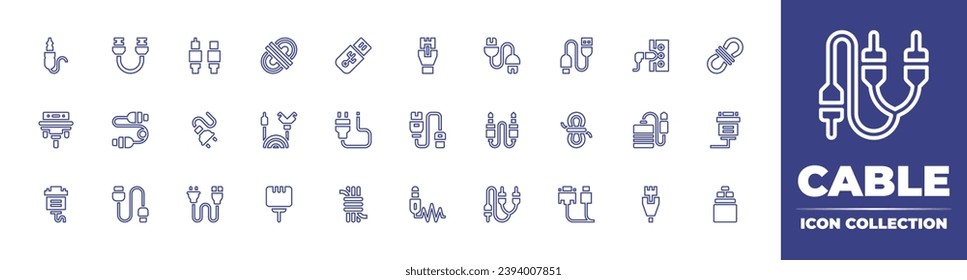 Cable line icon collection. Editable stroke. Vector illustration. Containing antenna, usb, usb drive, power cable, rope, plug, cable, network, vga cable, hdmi, jack, usb plug.