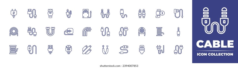 Cable line icon collection. Editable stroke. Vector illustration. Containing power plug, auxiliary, cable, usb, cable reel, wires, usb, network, jack, ribbon cable, hdmi.