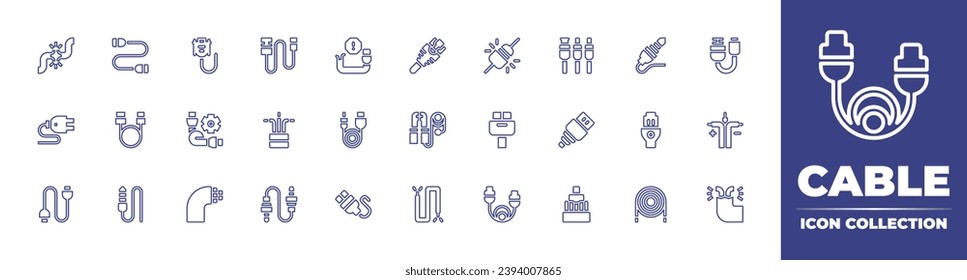 Colección de iconos de línea de cable. Trazo editable. Ilustración vectorial. Con cable roto, rj, cable, puente, conexión usb, cable, usb, cables, vga, sonido, conector, toma de audio.