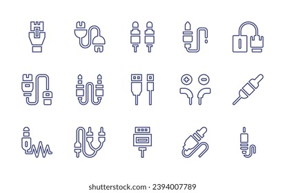 Cable line icon set. Editable stroke. Vector illustration. Containing network, usb, jack, cable, audio jack, vga, jack, power generation, plug, jack connector, connector.