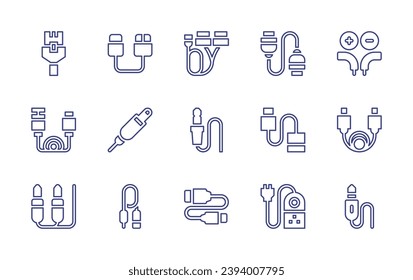 Cable line icon set. Editable stroke. Vector illustration. Containing ethernet, data, cable, jack cable, extension, dual, jack, usb connector.