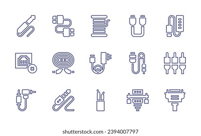 Conjunto de iconos de línea de cable. Trazo editable. Ilustración vectorial. Conteniendo toma de audio, conector usb, cable de cobre, error de conexión, jack, cargador, jack, cable vga, cable, usb.