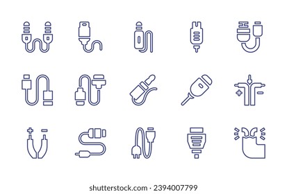 Cable line icon set. Editable stroke. Vector illustration. Containing auxiliary cable, usb, wires, cable, usb, cables, hdmi, audio jack, jack connector, charge.