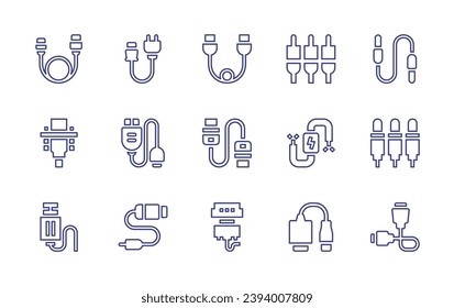 Cable line icon set. Editable stroke. Vector illustration. Containing usb, jack, vga cable, cables, power, jack connector, adapter, electricity, usb connector.