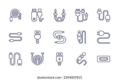 Cable line icon set. Editable stroke. Vector illustration. Containing audio jack, power, wire, cable, hdmi, usb, jack, cord, jack connector.