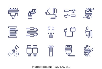 Cable line icon set. Editable stroke. Vector illustration. Containing reel, wires, wire, vga cable, usb plug, adapter, positive, rope, connector, charger, jack connector, hdmi, vga.