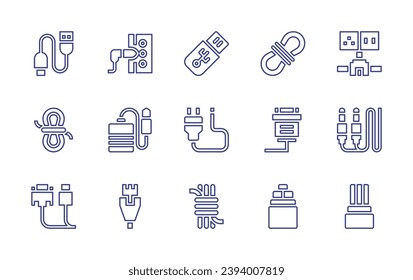 Cable line icon set. Editable stroke. Vector illustration. Containing usb, usb drive, rope, plug, cable, jack connector, wiring, pedal, hdmi, jack, ethernet, optical fiber.