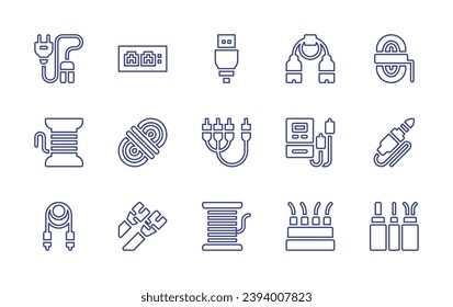 Cable line icon set. Editable stroke. Vector illustration. Containing wire, usb, rca, connectors, copper wire, network, rope, usb plug, jack connector, charger, lan, optical fiber.