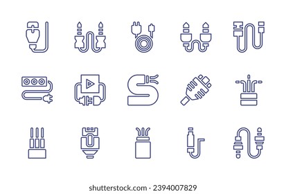 Cable line icon set. Editable stroke. Vector illustration. Containing network cable, extension, cables, audio jack, connector, plug and play, wires, rj, lan, jack, charger, optical fiber.