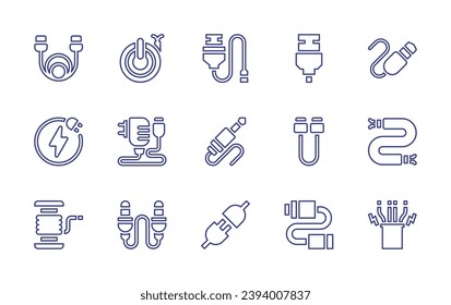 Cable line icon set. Editable stroke. Vector illustration. Containing electricity, jack, wire, reel, plug, cable, usb, audio jack, cord, usb connection, charger, sata.