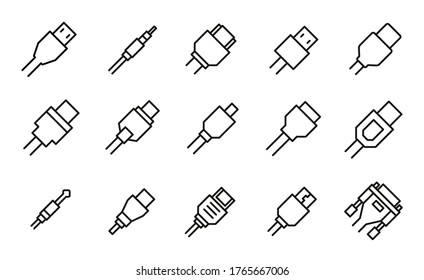 Conjunto de iconos de línea de cable. Elementos vectores de trazo para el diseño de moda. Pictogramas simples para concepto móvil y aplicaciones web. Iconos de línea de vectores aislados en un fondo blanco.