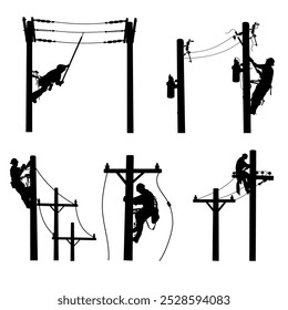 Conjunto de ilustrações de vetor de silhuetas de trabalho de linha de cabo