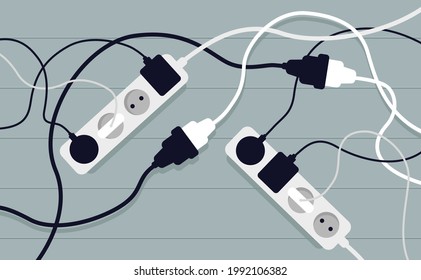 Cable mess and extension sockets in clutter - Disorganised electrical cables on floor concept. Vector illustration