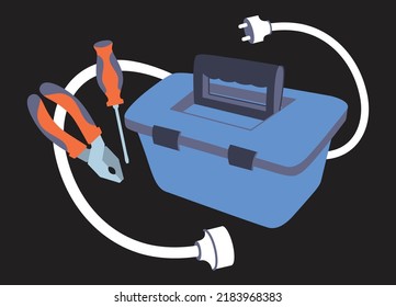 Cable with plug and tools for installing equipment. Tool storage for an electrician or mechanic. Pliers with a screwdriver from the tool box. White long cord. Flat cartoon graphic style illustration