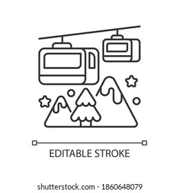 Cable railway linear icon. Transportation to ski resort. Vehicle to mountain top. Rope lift. Thin line customizable illustration. Contour symbol. Vector isolated outline drawing. Editable stroke