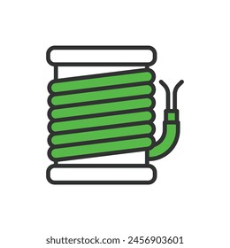  Cable reel, in line design, green. Cable, reel, wire, spool on white background vector. Cable reel editable stroke icon.