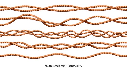 Cable ropes. Realistic cartoon sailor twisted cord brushes. Curved nautical jute twine dividers. Decorative thread vector background pattern. Illustration border knot horizontal