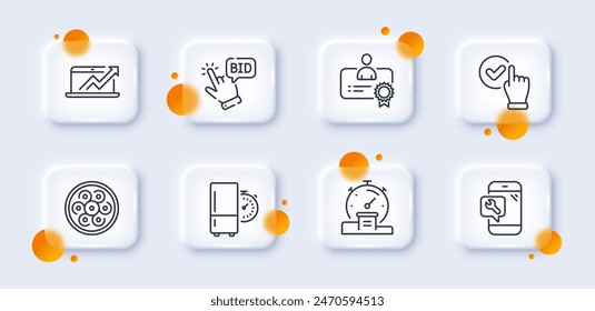 Cable section, Certificate and Phone repair line icons pack. 3d glass buttons with blurred circles. Refrigerator timer, Checkbox, Timer web icon. Sales diagram, Bid offer pictogram. Vector