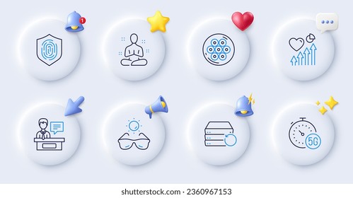 Cable section, Fingerprint and Heart beat line icons. Buttons with 3d bell, chat speech, cursor. Pack of Recovery server, 5g internet, Exhibitors icon. Sunglasses, Yoga pictogram. Vector