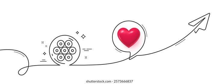 Cable section line icon. Continuous line with share plane. Optic fiber sign. Internet network wire symbol. 3d heart in speech bubble. Cable section single line ribbon. Loop curve pattern. Vector