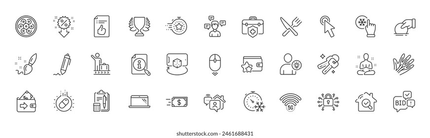 Cable section, Money transfer and Bid offer line icons. Pack of Winner, Medical insurance, Donate icon. Capsule pill, Discount, Luggage belt pictogram. Work home, Search, Freezing click. Vector