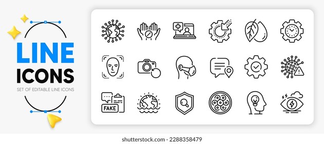 Cable section, Time management and Recovery photo line icons set for app include Face detection, Mineral oil, Medical help outline thin icon. Medical tablet, Covid virus, Stress pictogram icon. Vector