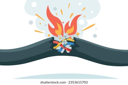 Cable short circuit. Electric wiring problem with damaged insulation, electric cable overload, fire hazard and smoke. Vector emergency isolated illustration. Broken wire with flame