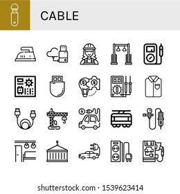 cable simple icons set. Contains such icons as Usb, Iron, Flash drive, Electrician, Pulley, Multimeter, Motherboard, Hybrid solution, Ironed, can be used for web, mobile and logo