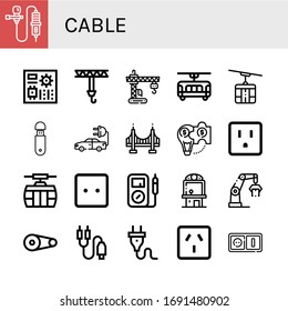 cable simple icons set. Contains such icons as Lavalier, Motherboard, Crane, Tram, Cable car, Usb, Electric car, Golden gate, Hybrid solution, can be used for web, mobile and logo