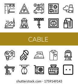 cable simple icons set. Contains such icons as Electric train, Iron, Voltage, Electrician, Electric vehicle, Crane, Motherboard, Socket, Flash drive, can be used for web, mobile and logo