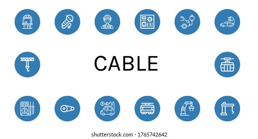 cable simple icons set. Contains such icons as Claw machine, Karaoke, Electrician, Motherboard, Electric car, Multimeter, Pulley, Electric vehicle, can be used for web, mobile and logo