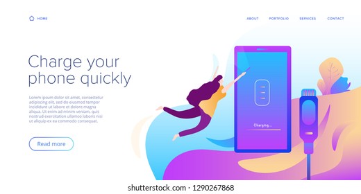 Cable smartphone charger in flat design illustration. Abstract vector background for mobile cord charging device. Web site landing page template or internet site layout for phone power station.