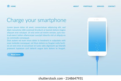Cable smartphone charger in flat design illustration. Abstract vector background for mobile cord charging device. Web site landing page template or internet site layout for phone power station.