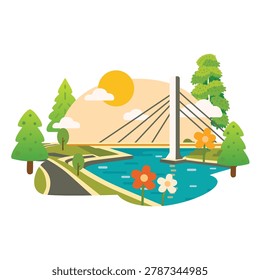 Cable stayed bridge over river with road, trees and flowers. Flat vector landscape illustration isolated on white background.